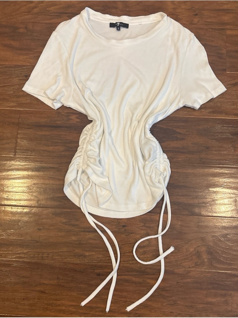 7 For All Mankind White Ruched Side Tie Short Sleeve Tee